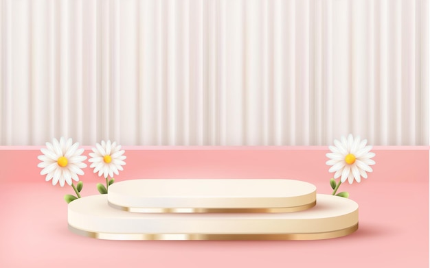 3D-gerenderde luxe lang roze podium in twee stappen met wit gordijn showcase vector 3D 041222