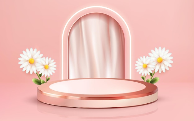 3D-gerenderde luxe rose gouden podium met witte gordijn crème showcase vector 3d roze achtergrond