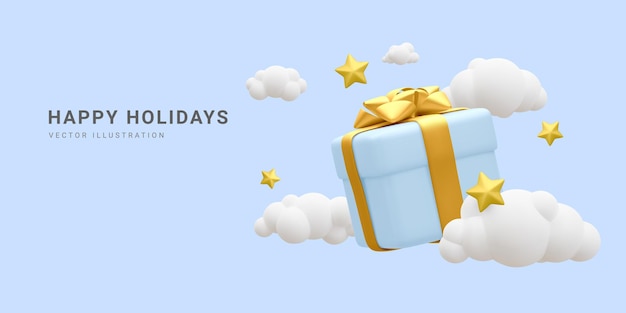 Scatola regalo 3d intorno a nuvole e stelle sito web poster banner o biglietto di auguri per felici vacanze