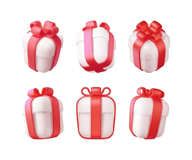 Set di scatole regalo 3d raccolta di rendering isolato di scatole avvolte colorate saldi di natale capodanno shopping scatola regalo con fiocchi nastri confezione regalo per san valentino compleanno vacanza illustrazione vettoriale