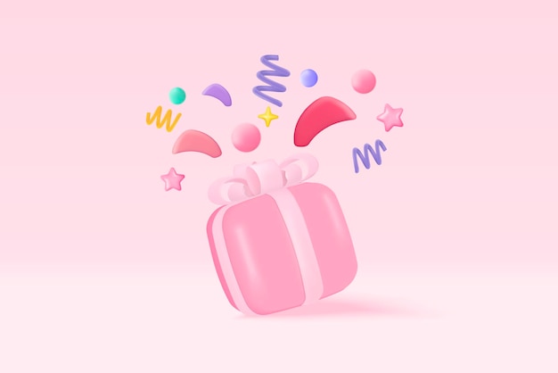 Vettore set di scatole regalo 3d con fiocco in nastro pastello e coriandoli volanti