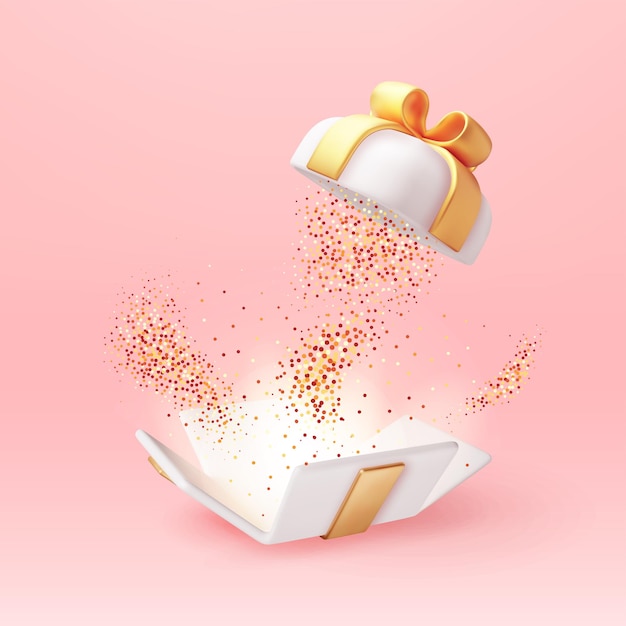 Vettore scatola regalo 3d con confetti cadenti render scatola regalo sorpresa natale capodanno vendita shopping scatola regalo con fiocchi nastri scatola regalo per san valentino compleanno e vacanza illustrazione vettoriale