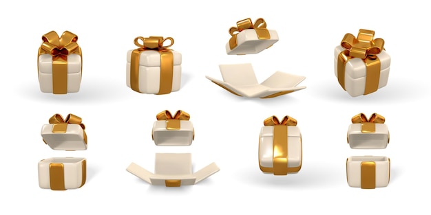 Vettore scatola regalo 3d con arco dorato scatola di plastica con ombra isolata su sfondo chiaro illustrazione vettoriale