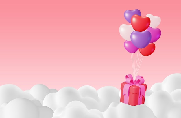 3D Gift Box with Heart Balloons in Clouds