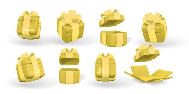 Vector 3d gift box with yellow bow plastic box with shadow isolated on light background vector illustration