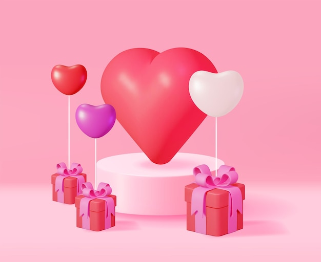 3d gift boxes balloons with big heart on podium