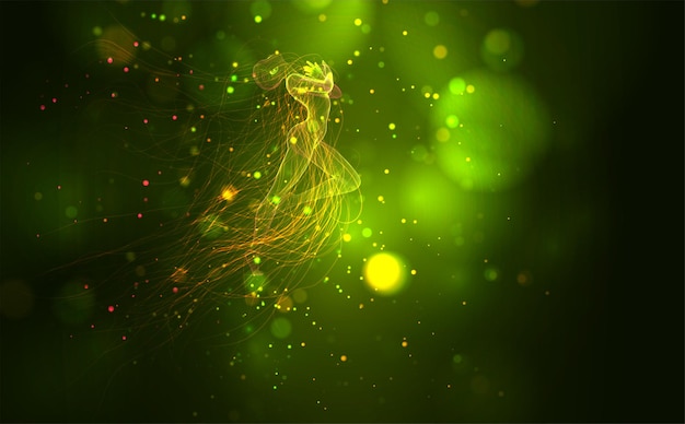 3d girl from dots and splines, among wavy threads and circles on yellow green background