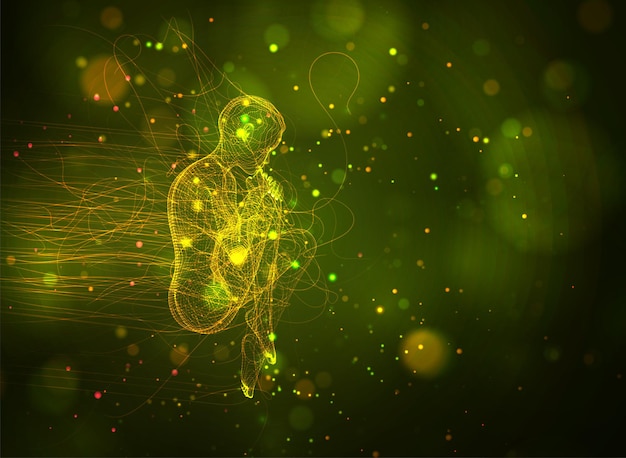 3d girl from dots and splines, among wavy threads and circles on yellow green background