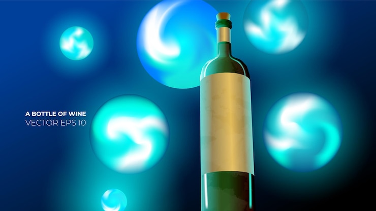 Vector 3d glass bottle of wine with reflections and highlights background with light and geometric shapes
