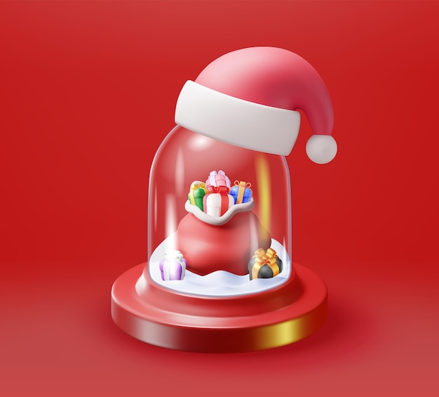 Vettore globo di neve di natale in vetro 3d con scatole regalo, rendering isolato, sfera, podio, con regali, decorazione di capodanno, vacanze di buon natale, celebrazione di natale, illustrazione vettoriale realistica