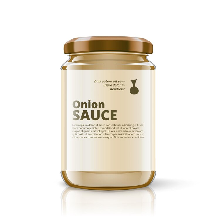 Vector 3d glass jar of onion sauce with label
