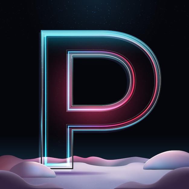 Vector 3d glass letter p with neon light insight big relistic letter with sparkles and winter background holiday decoration element for design poster advertisign or game