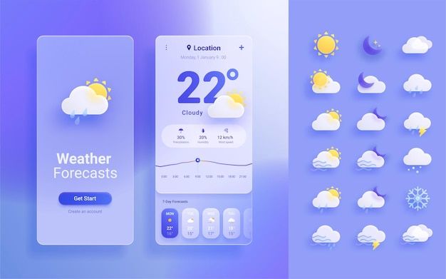 Vector 3d glassmorphism weather forecast app template mobile interface template weather icons set isolated on blue background