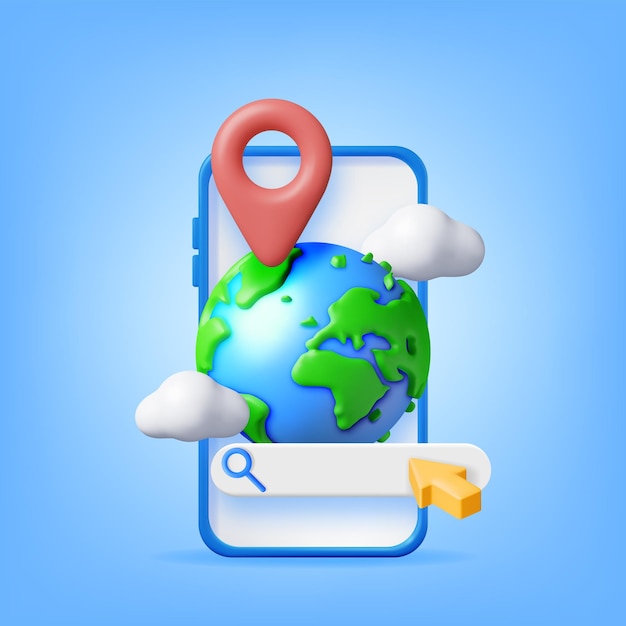 Vettore 3d globe search bar e location pin sul telefono