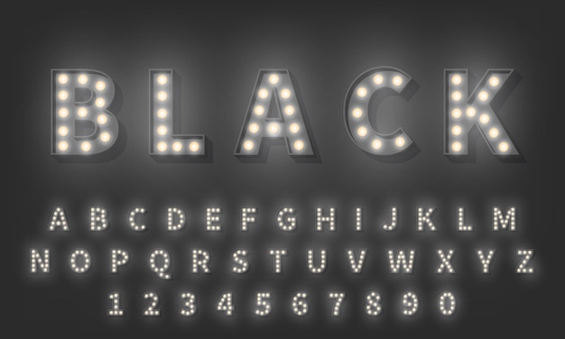 Vector 3d gloeilamp alfabet. donkere stijl 3d retro typografie lettertype