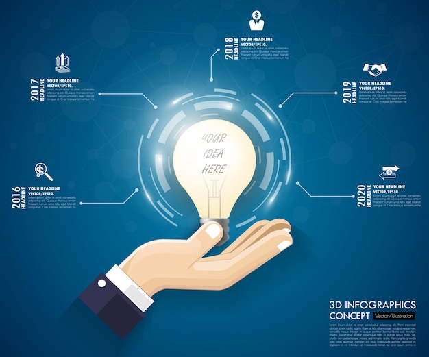 3d gloeilamp tijdlijn infographics met pictogrammen instellen. vector. illustratie.