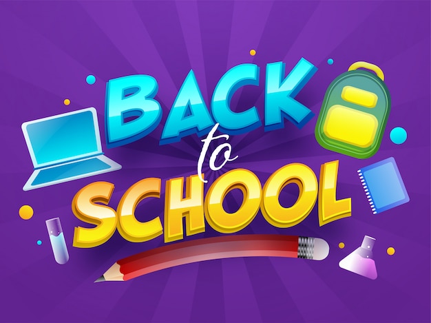 Глянцевый назад к тексту школы 3d с компьтер-книжкой, рюкзаком, карандашем, пробиркой и тетрадью на фиолетовой предпосылке лучей.