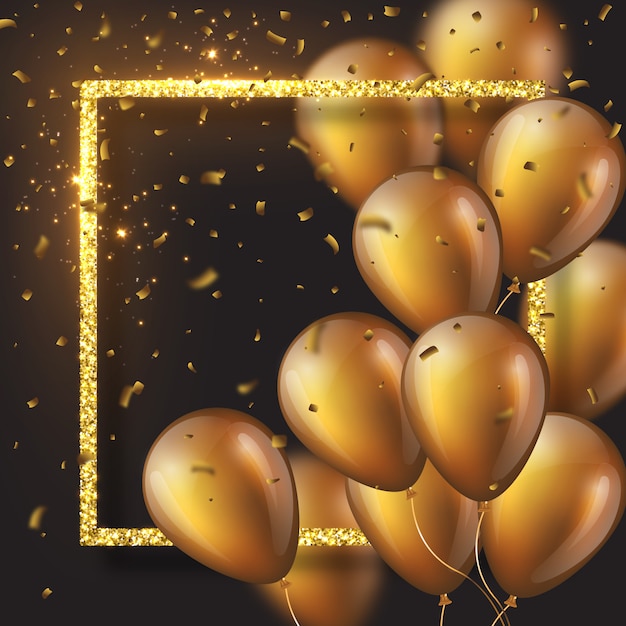 Vector 3d glossy golden ballons with frame and confetti.