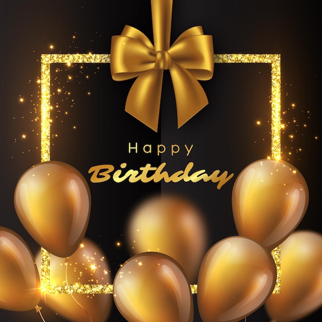 3d glossy golden balloons with glitter frame and bow. luxury happy birthday design. illustration.