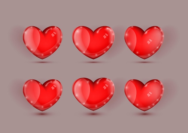 3D Glossy Red Various Six Hearts Set