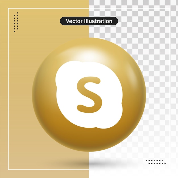 3d glossy skype logo in modern gold circle frame for social media icon or network logos