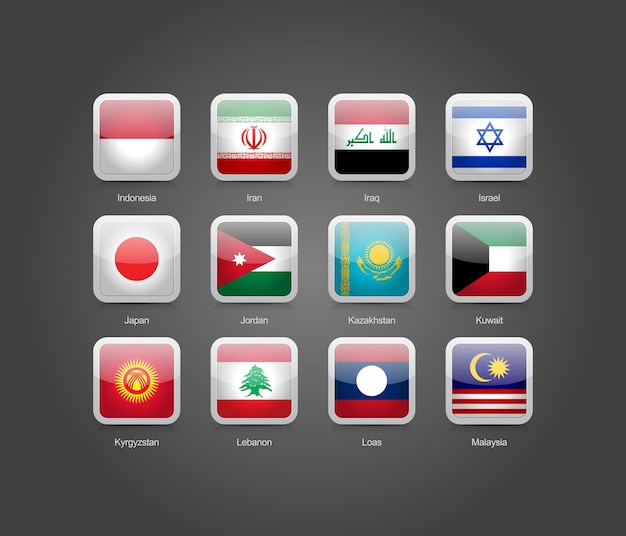 3d glossy square round shaped icons for flags of asian countries