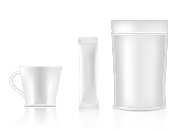 Вектор Изолированные пакетик ручки 3d и чашка. дизайн концепции упаковки продуктов питания и напитков.