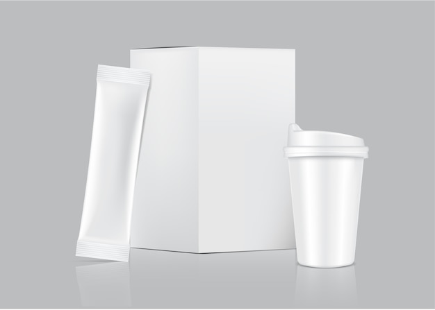 Vector 3d glossy stick sachet and cup with paper box isolated on white background.  food and beverage packaging concept design.