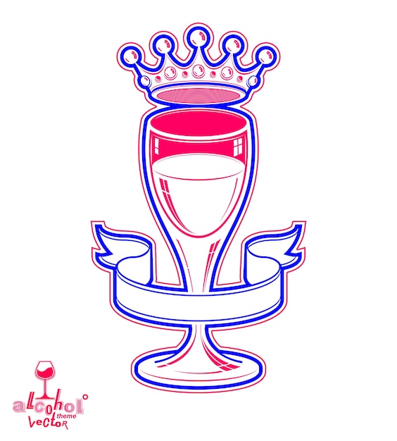 シンプルなリボンと雄大な王冠、レジャーアイデアデザインオブジェクトとワインの3dゴブレット。アルコール飲料のテーマの芸術的なイラスト。