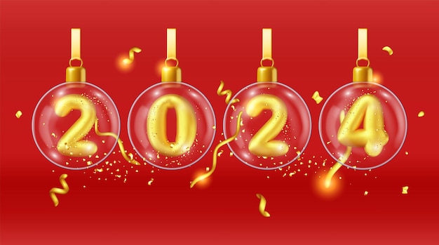 3d Gold Balloon 2024 New Year Symbol in Glass Balls Render Golden 2024 Number Holiday Party Decoration Metallic Ballon Shiny Font Новый год и Рождество Реалистичная векторная иллюстрация