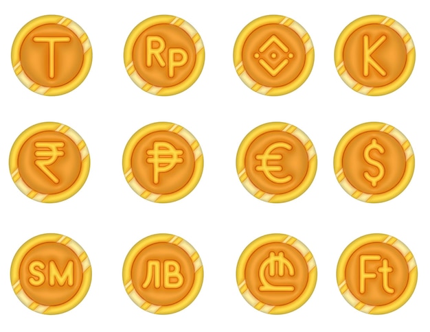 3d Gold Coins Icon Pack Gold Indian Rupee and Gold Turkmenistani Manat more