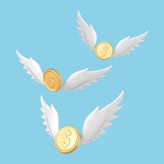 Vector 3d gold coins with wings isolated on blue background flying golden money concept of business online shop finance banking lost money moneysaving concept vector 3d illustration