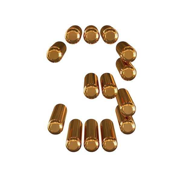 3d gold symbol made of cylinders number 3