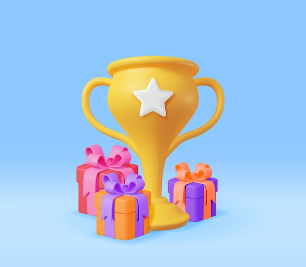 Vector 3d gold trophy with gift boxes isolated