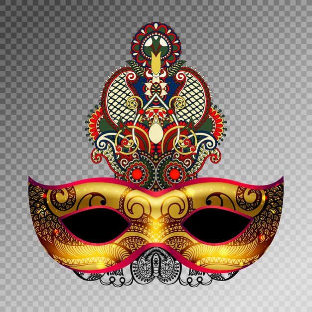 Вектор 3d золотой венецианский карнавальный силуэт маски с декоративным пером, изолированным на прозрачности