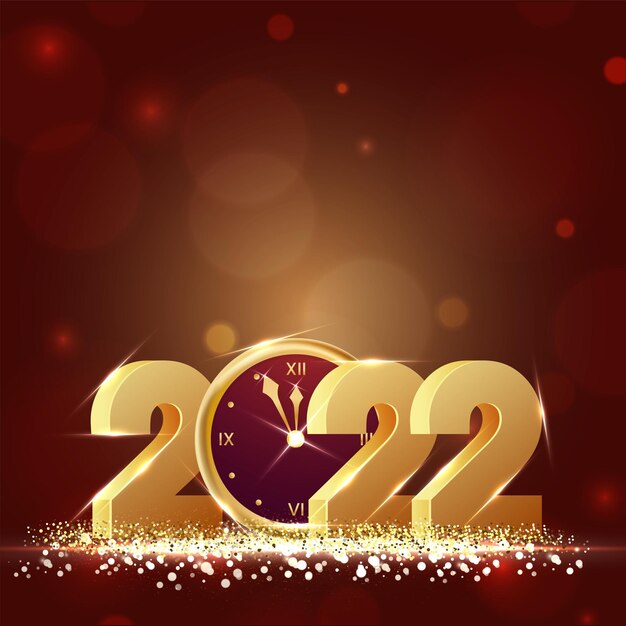 3d golden 2022 number with wall clock on brown bokeh light effect background.