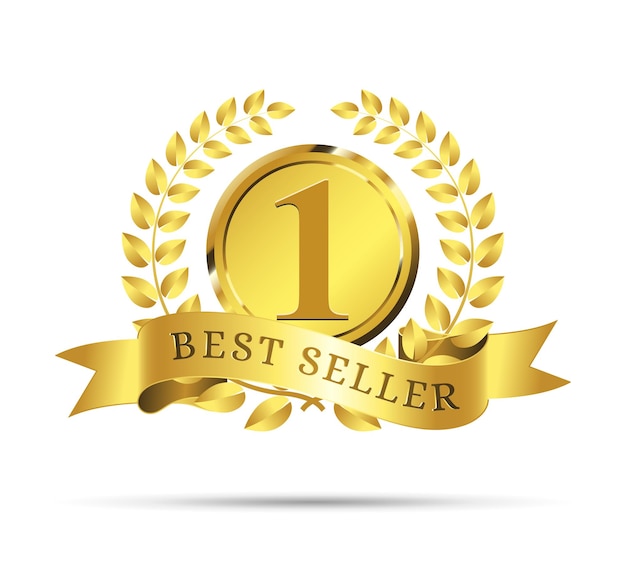 3d golden best seller award label Realistic premium warranty badge with ribbon and laurel wreath