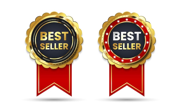 3d golden best seller award label Realistic premium warranty badges with red ribbon