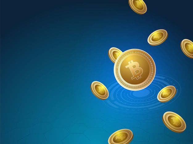 3D Golden Bitcoins Flying On Blue Futuristic Background