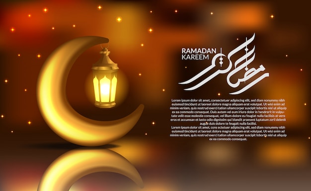 3D golden crescent moon and hanging lantern lamp for ramadan kareem event