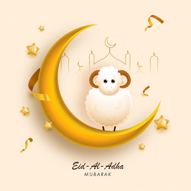 3d golden crescent moon con cartoon sheep, line art mosque e stelle decorate su sfondo giallo pesca per eid-al-adha mubarak.