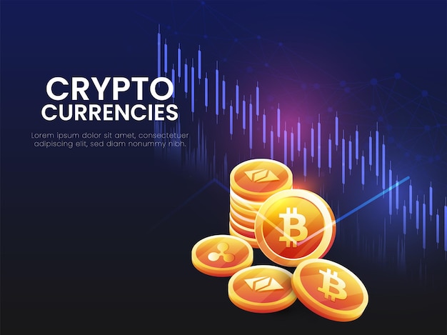 3d golden crypto currencies on blue and black digital lines background.