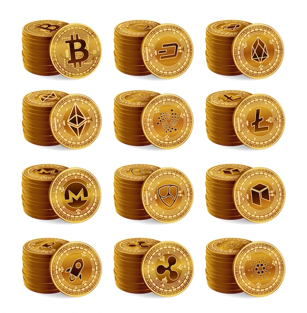 3D Golden Cryptocurrency physical coins stack set. Bitcoin, Ripple, Ethereum, Litecoin, Monero and other.