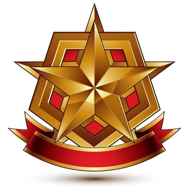 赤い塗りつぶしと光沢のある五角形の星が付いた3Dの金色の紋章、ウェブやグラフィックデザインに最適、透明なEPS8ベクトル。赤い波状のリボン、防衛のシンボルが付いた装飾的な紋章。