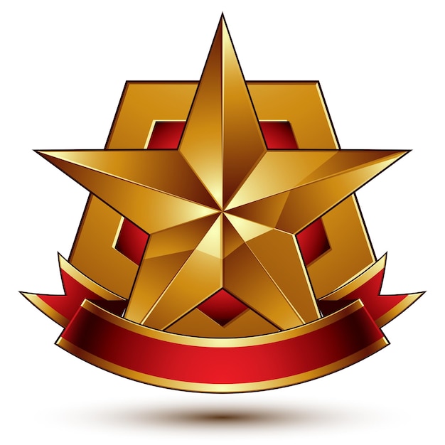 3d golden heraldic blazon with red filling and glossy pentagonal star, best for web and graphic design, clear EPS 8 vector. Decorative coat of arms with red wavy ribbon, defense symbol.