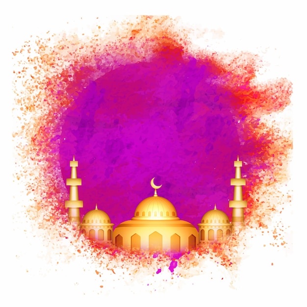 Vector 3d golden mosque illustration on abstract purple and red grunge background with copy space