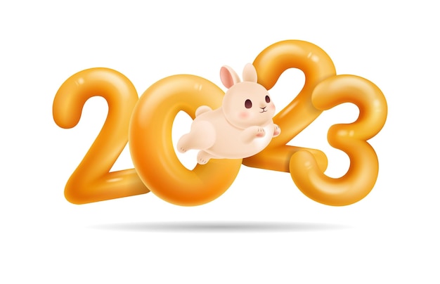 3d golden numbers of 2023 new year with jumping rabbit shine gold decor for coming year calendar design element for decoration new year holiday sale xmas or celebration party vector illustration