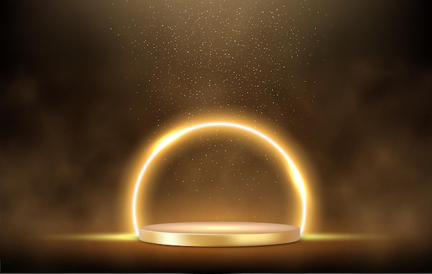 3d Golden podium under falling gold glitter isolated on dark background Glowing neon golden circle with sparkles Empty minimal ring art decoration 3d rendering Vector illustration