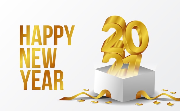 3d golden text happy new year 2021 with white box and golden ribbon greeting card with white background