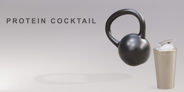 3d gouden shaker en kettlebell eiwitcocktailconcept